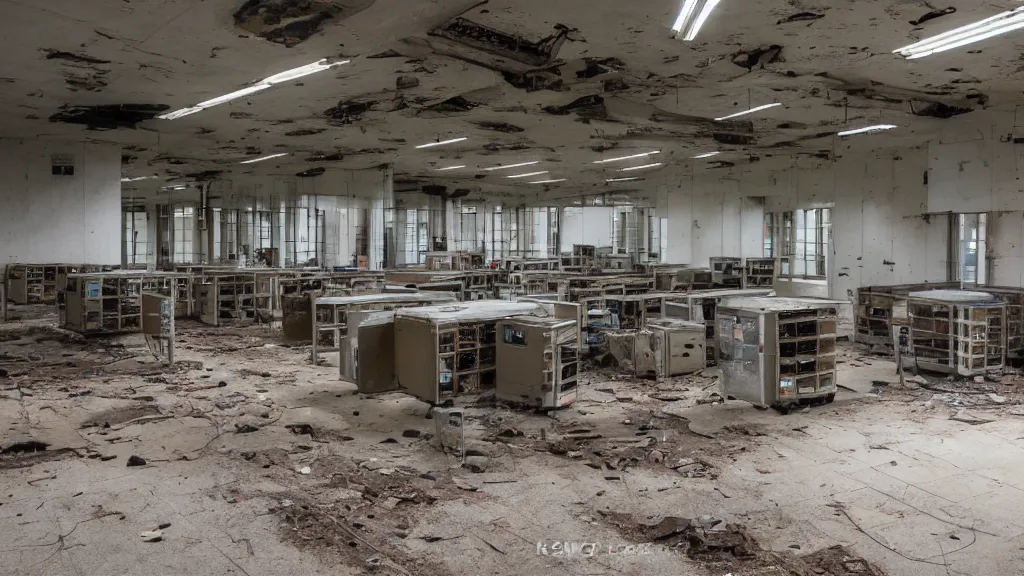 Prompt: inside an old abandoned derelict data centre. old server's and server racks, crt monitors and other old equipment.