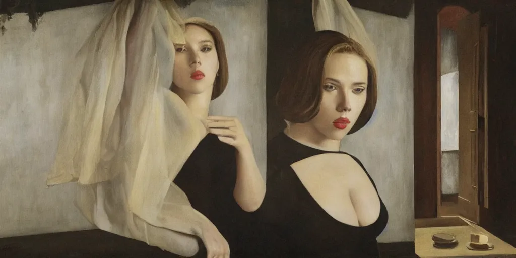 Image similar to Scarlett Johansson in a painting by Paul Delvaux