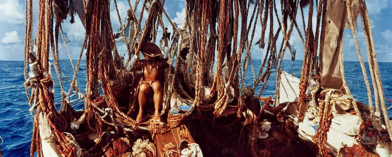 Image similar to the pirate blackbeards spaghetti treasure, aboard his sailboat, caribbean, 1 7 0 0 s, canon 2 0 mm, photograph, kodachrome,