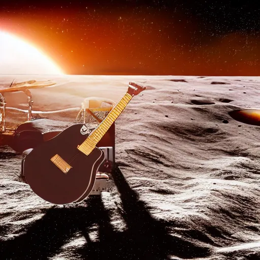 Prompt: a photo of a detailed, realistic, regular sized, sitting idle electric guitar next to an idle beer can next to an astronaut sitting on the moon surface. detailed photo. realistic photo