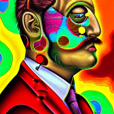 Image similar to portrait of a uncanny artist by Chor Boogie and Salvador Dali collaboration, digital art, mix of aesthetics, close up, high details