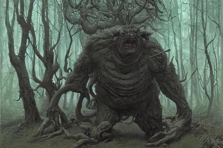 Prompt: large ogre lurking in the shadows of the forest | Wayne Barlowe |