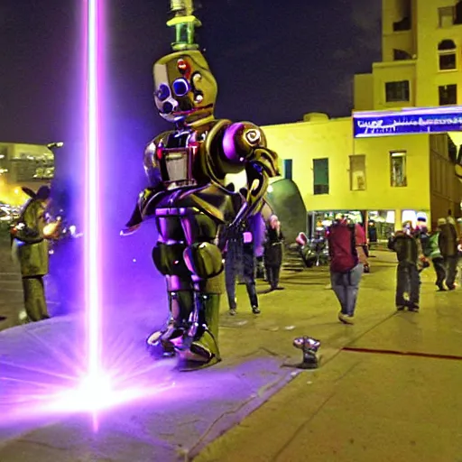 Prompt: giant toy soldier robot destroying a city laser, purple