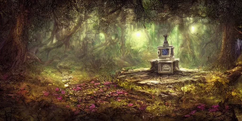 Image similar to digital drawing of a close shot to a mysterious relic in the middle of the forest, fantasy, fantastic, wallpaper, art station