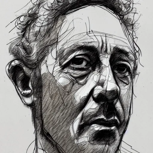 Image similar to a realistic yet scraggly portrait sketch of the side profile of a stern and sophisticated gene ween, trending on artstation, intricate details, in the style of frank auerbach, in the style of sergio aragones, in the style of martin ansin, in the style of david aja, in the style of mattias adolfsson