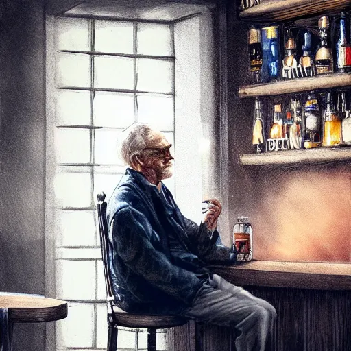 Image similar to old man sitting at bar, pub, smoky lighting, dim, barstool, person drinking, side sketch, artstation award, highly detailed, ultra - realistic, moody atmosphere, color palette