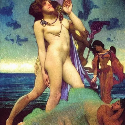 Image similar to The party at the palace, refracted sparkles, thunderstorm, greek pool, beach and Tropical vegetation on the background major arcana sky, by paul delaroche, alphonse mucha and arnold böcklin, hyperrealistic 8k, award-winning, very very very detailed