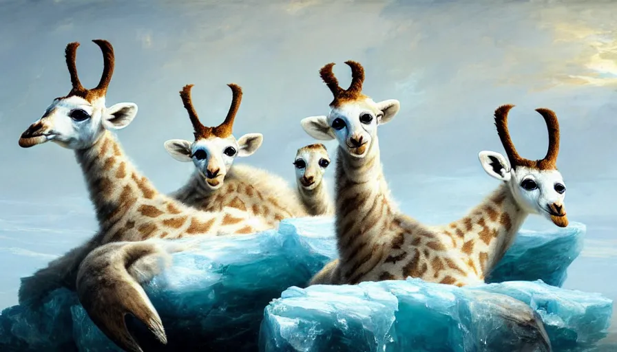 Image similar to highly detailed painting of cute furry white baby seal giraffes with big furry antlers cuddling into each other on a blue and white iceberg by william turner, by greg rutkowski, by william constable, thick brush strokes and visible paint layers, 4 k resolution