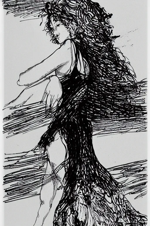 Image similar to ink lineart drawing of beautiful woman by the beach, white background, etchings by goya, chinese brush pen illustration, high contrast, deep black tones, contour