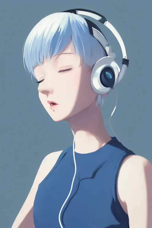 Prompt: a cute young woman listening to music with her eyes closed and wearing headphones by Ilya Kuvshinov and Range Murata, white bob cut hair, blue filter, blue and white, soft lighting, atmospheric, cinematic atmosphere, moody, relaxing, Krenz Cushart, digital painting, 8k