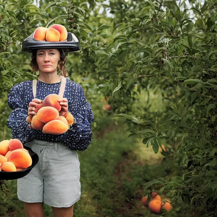 Prompt: a closeup portrait of a woman wearing a helmet made of plastic and mylar, picking peaches from a tree in an orchard, foggy, moody, photograph, by vincent desiderio, canon eos c 3 0 0, ƒ 1. 8, 3 5 mm, 8 k, medium - format print