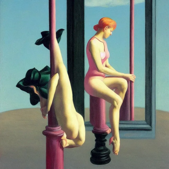 Image similar to pole dancing fairies in the style of Edward Hopper and Rene Magritte, highly detailed