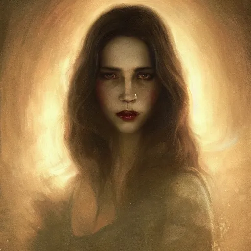 Image similar to majestic gracious regal aristocratic brunette female vampire portrait, atmospheric lighting, painted, menacing, intricate, volumetric lighting, beautiful, rich deep colours masterpiece, golden hour, sharp focus, ultra detailed, by leesha hannigan, ross tran, thierry doizon, kai carpenter, ignacio fernandez rios