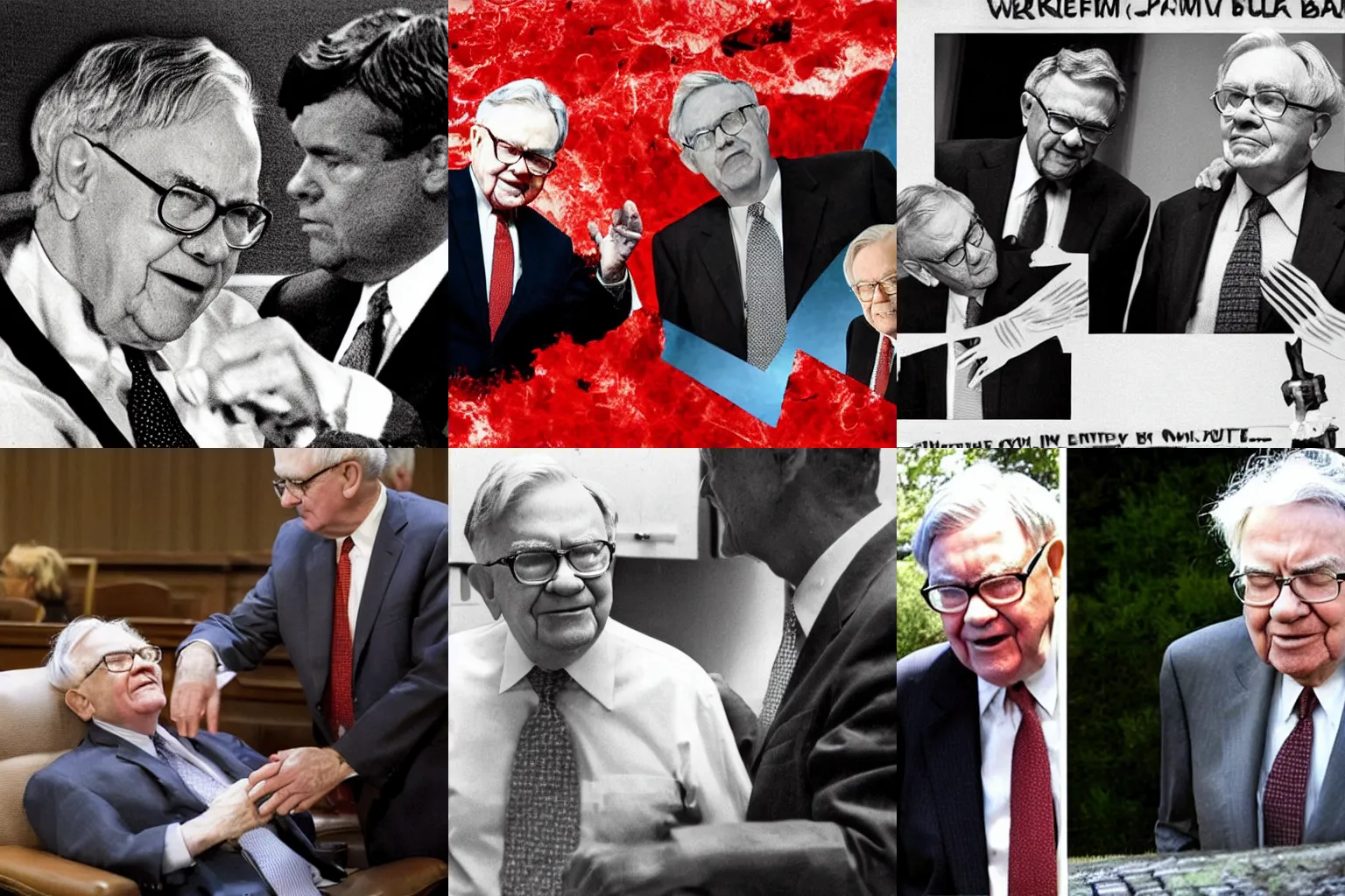 Prompt: Warren Buffet murdering Jerome Powell into a bloody pulp, gruesome, graphic, violent, crime scene photograph