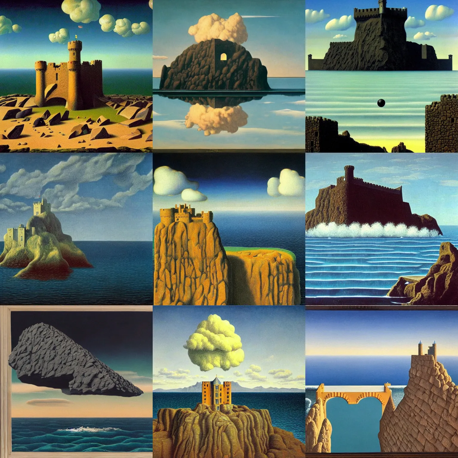 Prompt: a huge black rock floating over an ocean, a castle is located on top of the rock, surrealism, highly detailed, painted by rene magritte, inspired by the painting the castle of the pyrenees, symmetrical, aesthetic, epic, vivid colors, 4 k, oil painting, realistic