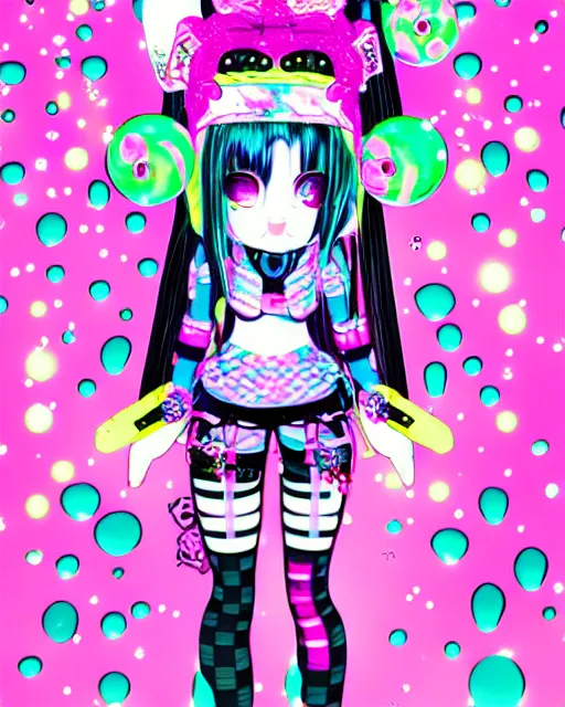 Image similar to cybergoth decora glitchcore yokai girl, sanrio ornaments, pastel cute cinematography