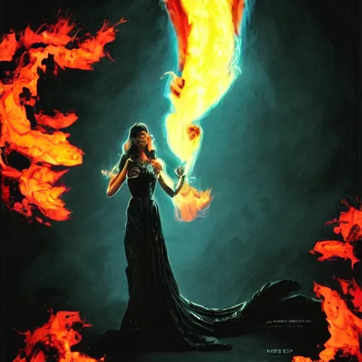 Image similar to a gargoyle in silhouette wearing a flowing gown made of fire, engulfed in a whirling fire tornado firestorm, emitting smoke and sparks, fantasy, cinematic, fine details by realistic shaded lighting poster by ilya kuvshinov katsuhiro otomo, magali villeneuve, artgerm, jeremy lipkin and michael garmash and rob rey