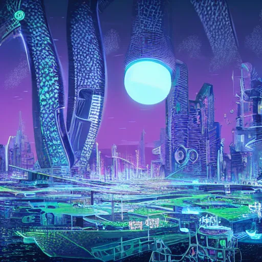 Image similar to Futuristic cityscape on a on a bioluminescent world