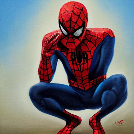 Image similar to spiderman, kneeling, praying, head lowered, portrait, oil, painting