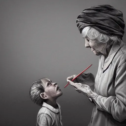 Prompt: very elderly woman feeding crayons to a child, in the style of james jean, noah bradley, 8 k, 3 d render, photorealistic, volumetric lighting caustics, black and white, detailed af