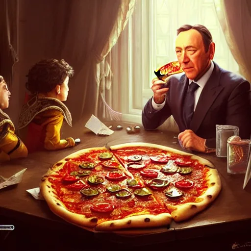 Image similar to Kevin Spacey eating pizza, dripping tomato Sauce, serving happy meals, D&D, spilling ketchup, fantasy, intricate, elegant, highly detailed, digital painting, artstation, concept art, matte, sharp focus, illustration, hearthstone, art by Artgerm and Greg Rutkowski and Alphonse Mucha