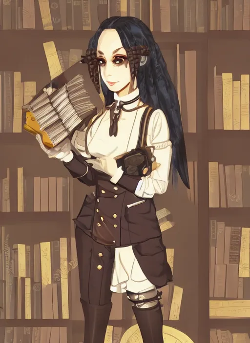 Image similar to a full shot of a steampunk female maid with a black bob hair style holding a stack of books, standing in a steampunk reading room. in a steampunk reading room. digital illustration, soft lighting lighting, 8K, anime, trending on ArtStation, digital art.