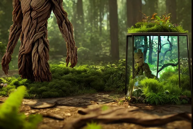 Image similar to I am groot in a woodland terrarium, Trending on artstation, award winning. Octane render, 4k, 8k, unreal 5, very detailed, hyper control-realism.