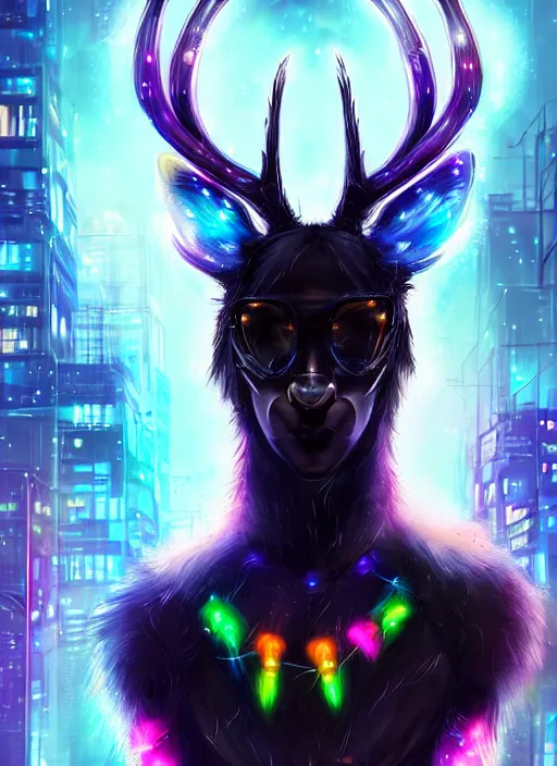 Image similar to award winning beautiful portrait commission of a male furry anthro Black Reindeer cyberpunk fursona with a tail, wings, wings, wings and a cute beautiful attractive detailed furry face wearing stylish black and rainbow galaxy clothes, outline, in a cyberpunk city at night while it rains. Character design by charlie bowater, ross tran, artgerm, and makoto shinkai, detailed, inked, western comic book art