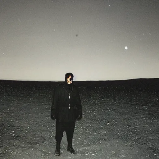 Image similar to photograph of a man clad in shining black metallic armor holding a piece of back wool, standing in front of a nuclear wasteland at night