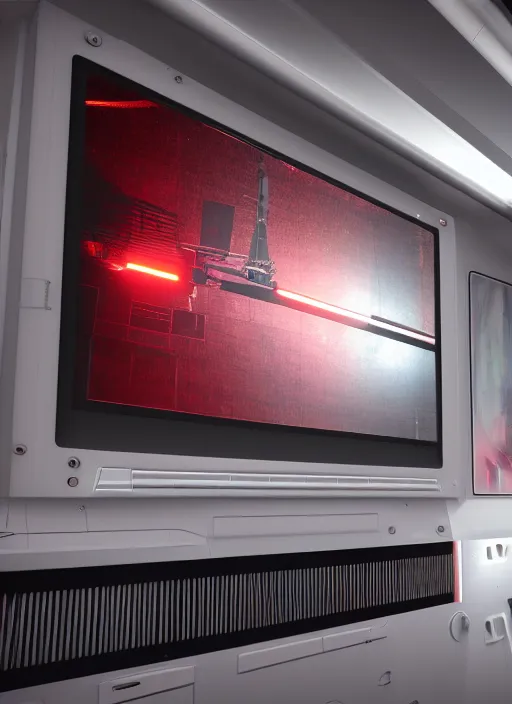 Image similar to photorealism of monitor on the wall of a room of a spacecraft with user interface display, red tones, biomechanical, ads concert rock, high resolution, hyper realistic sci fi realistic, octane render, hyper realistic, ambient red lighting, blade runner film style, canon eos ef 5 0 mm.