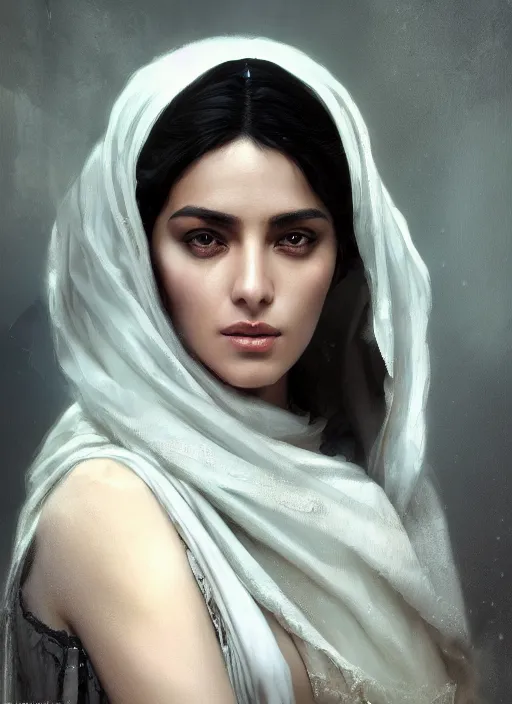 Image similar to a Photorealistic dramatic hyperrealistic render of an arab ameera al taweel, blue eyes, black hair, white veil,by WLOP,Artgerm,Greg Rutkowski,Alphonse Mucha, Beautiful dynamic dramatic dark moody lighting,shadows,cinematic atmosphere,Artstation,concept design art,Octane render,8K