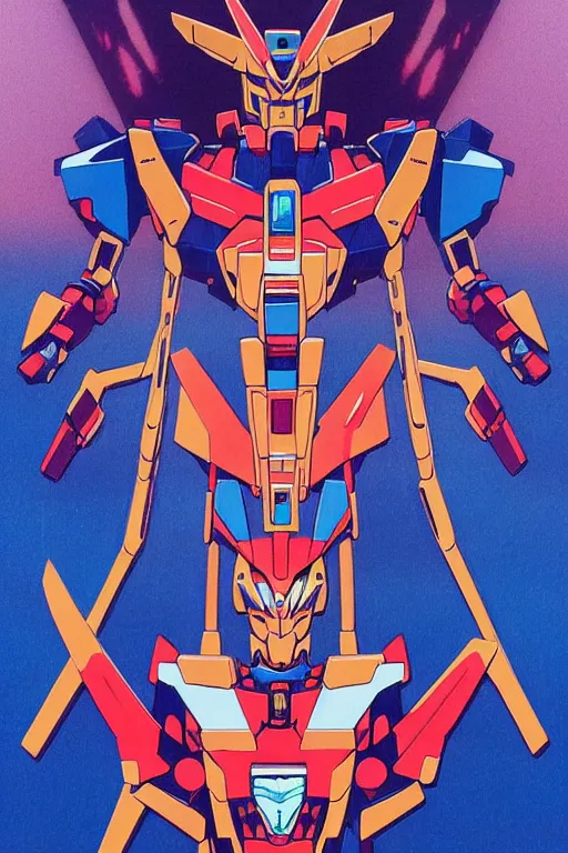 Image similar to risograph grainy painting of gigantic huge evangelion - like gundam mech face, with huge earrings and rings around head with a lot of details, covered with rich jewelry, blue hour, twilight, by moebius and dirk dzimirsky and satisho kon, close - up wide portrait