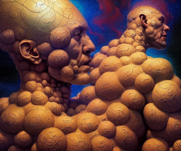 Image similar to hyper detailed 3d render like a Oil painting - atlas dramatically supporting the galaxy on his shoulders, by Jacek Yerka, Mariusz Lewandowski, Houdini algorithmic generative render, Abstract brush strokes, Masterpiece, Edward Hopper and James Gilleard, Zdzislaw Beksinski, Mark Ryden, Wolfgang Lettl, hints of Yayoi Kasuma, octane render, 8k