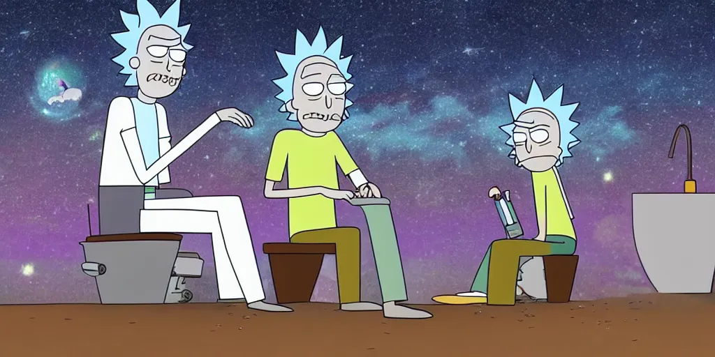 Image similar to rick and morty sitting on toilet, sky full of stars and milkyway is viewable, mystical, art