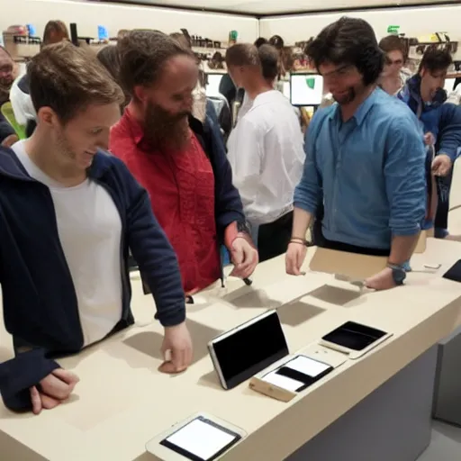 Image similar to jesus christ buying an iphone at the apple store