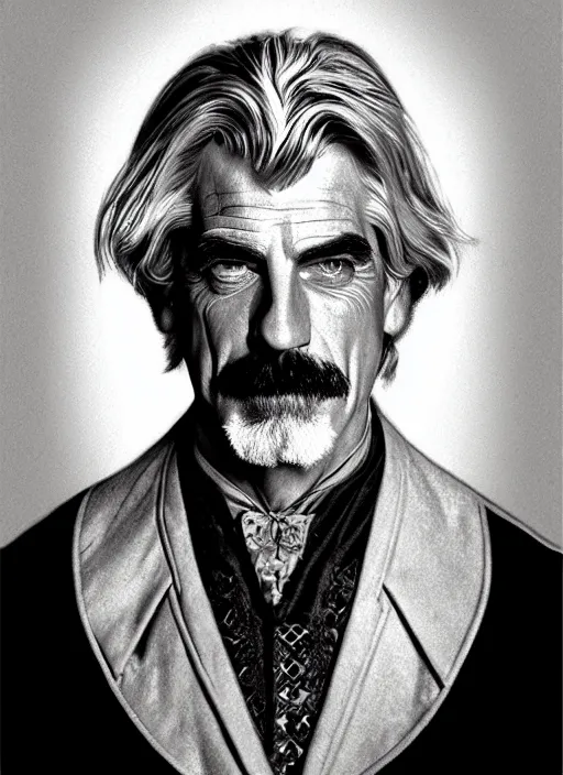 Image similar to hyperrealist pencil sketch of sam elliott as dracula by david malan and alphonse mucha, fantasy art, pencil hatching, dynamic lighting, artstation, poster, volumetric lighting, very detailed faces, 4 k, award winning