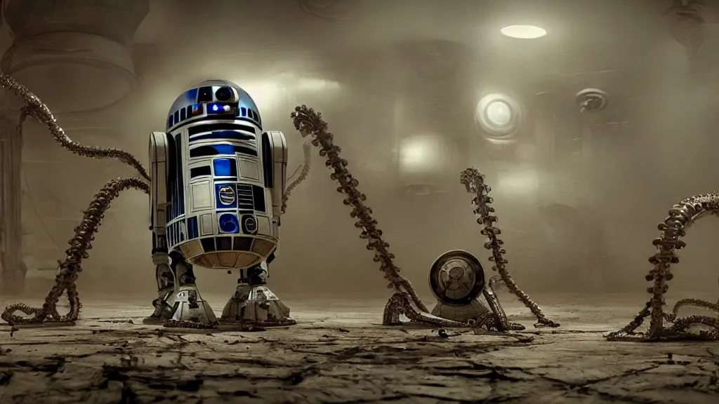 Prompt: r 2 d 2 in the style of an eldritch horror with mechanical tentacles, film still from the movie directed by denis villeneuve with art direction by salvador dali, wide lens