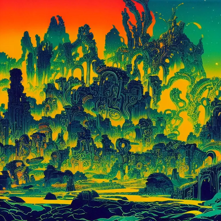 Prompt: psychedelic eternal aurora radiating over desolate ancient ruins, bright neon colors, highly detailed, cinematic, eyvind earle, tim white, philippe druillet, roger dean, lisa frank, aubrey beardsley