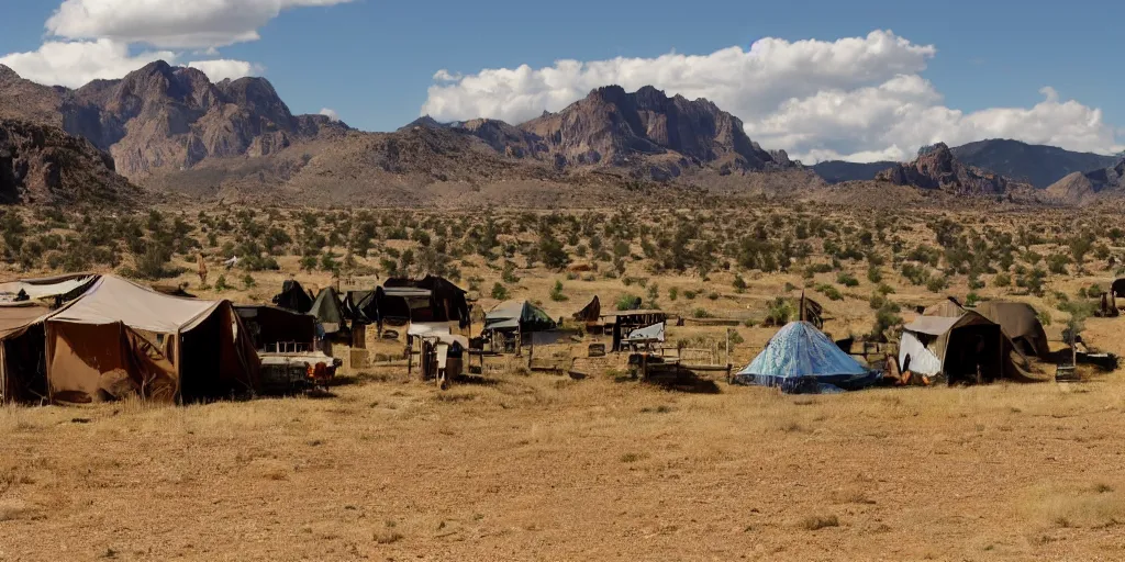 Image similar to a wild west scenery, camps in the background