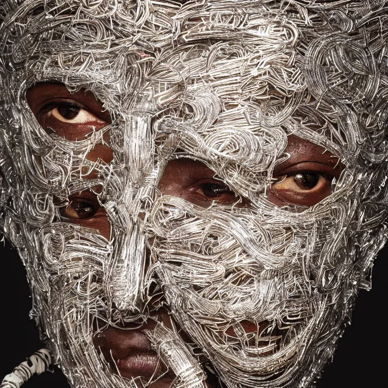 Image similar to hypperrealism octane render portrait by wayne barlow and carlo crivelli and glenn fabry, an afrrican mandinka dancer wearing an elaborate costume made of long strips of aluminum foil and hand - carved mask with intricate painted details surrounded by neon light tubes, cinema 4 d, ray traced lighting, very short depth of field, bokeh