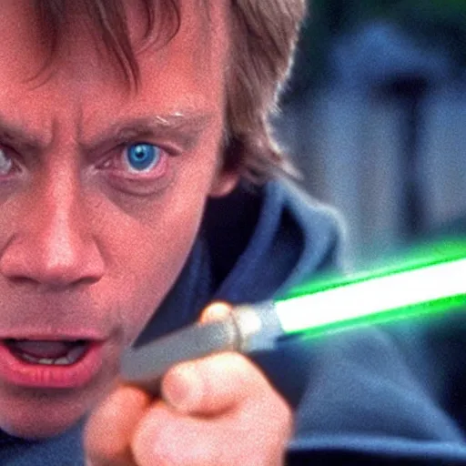 Prompt: a still from a film featuring mark hamill as jedi master luke skywalker, holding a green lightsaber by the hilt, yelling, 3 5 mm, directed by steven spielberg, 1 9 9 4