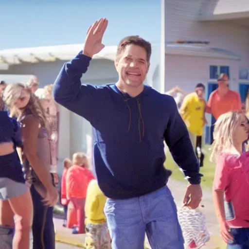 Image similar to a still of Mark Walberg waving