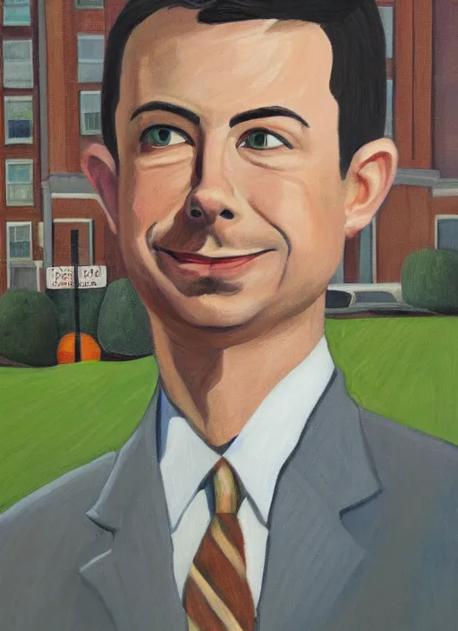 Prompt: painted portrait of pete buttigieg in front of the netflix offices, by grant wood, regionalism style