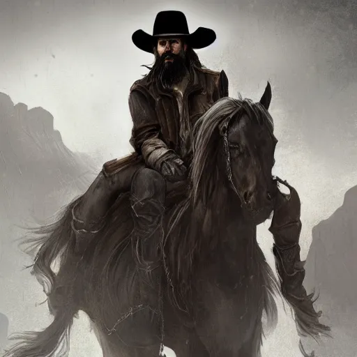 Prompt: Nicholas, the cowboy in the weird west, long dark hair, facial hair, long coat, grey horse, riding in the town of Doom, demons waiting in the background, by Shaddy Safadi, dark fantasy, digital art, high detailed, artstation,