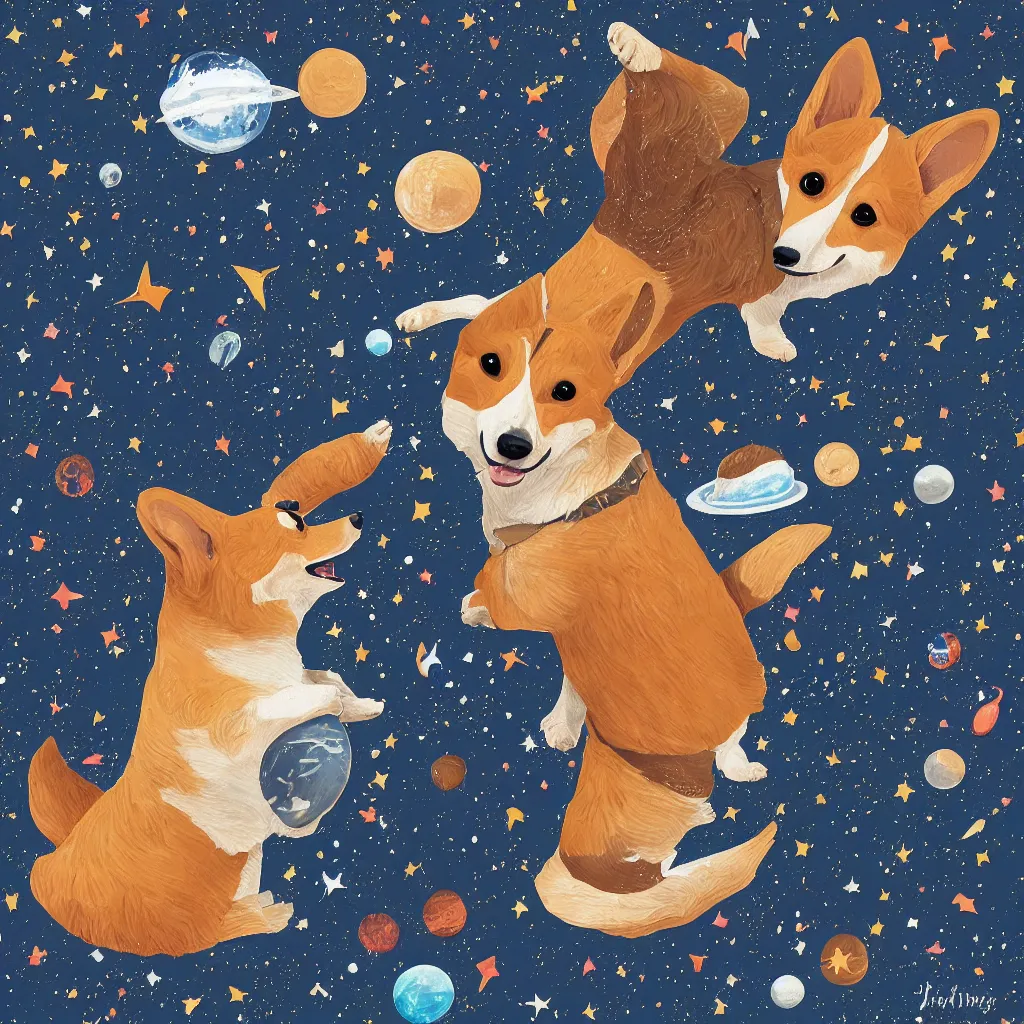 Prompt: an intricate digital illustration of a corgi floating in space, beautiful, cosmic