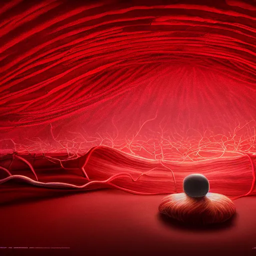 Prompt: Large red roots and thick red vines covering a giant red glowing egg and the entire room, dark red background, digital art, trending on artstation