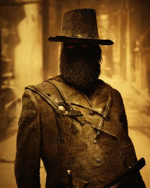 Prompt: ned kelly, close - up, epic action pose, global ullumination, intricate detail, octane render, concept art, award winning hyperrealism photorealism cinematic still