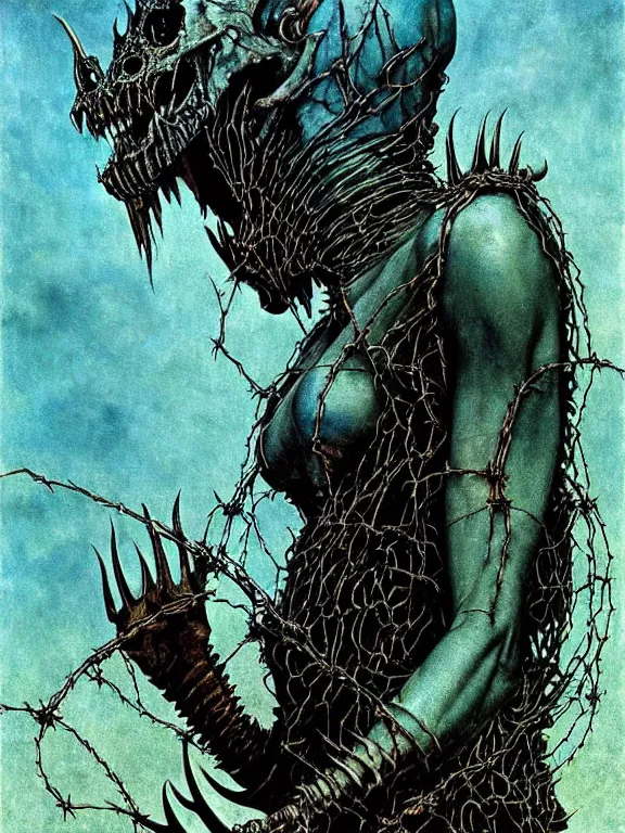 Prompt: A creepy armored horned fanged demon woman with blue scarred skin wrapped in barbed wire. Extremely high detail, realistic, fantasy art, solo, bones, masterpiece, saturated colors, art by Zdzisław Beksiński, Arthur Rackham, Dariusz Zawadzki