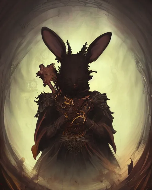 Prompt: Anthropomorphized black rabbit monk, centered, portrait, Path of Exile, Diablo, Warhammer, digital painting, highly detailed, concept art, Nekro, Peter Mohrbacher, Alphonse Mucha, Brian Froud, Yoshitaka Amano, Kim Keever, Victo Ngai, James Jean