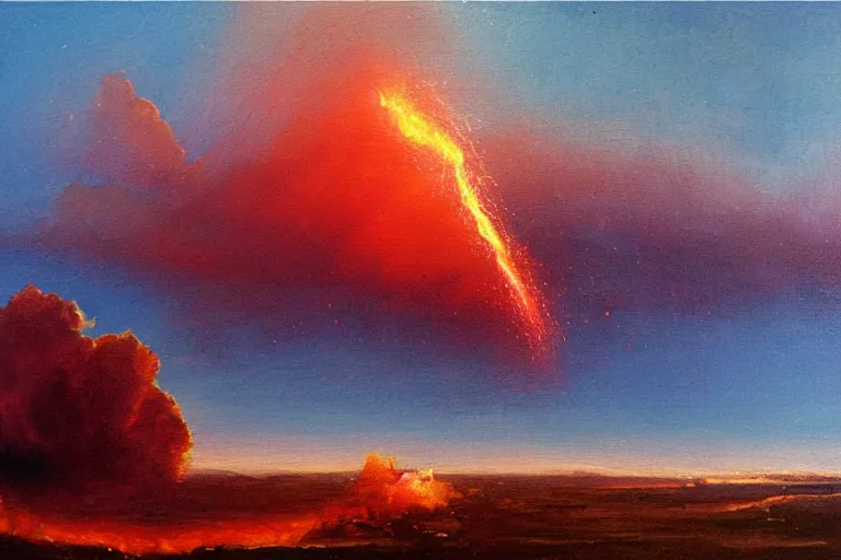 Image similar to molten iron raining down from pinkish clouds high above the atmosphere of planet, reddish landscape, realist painting